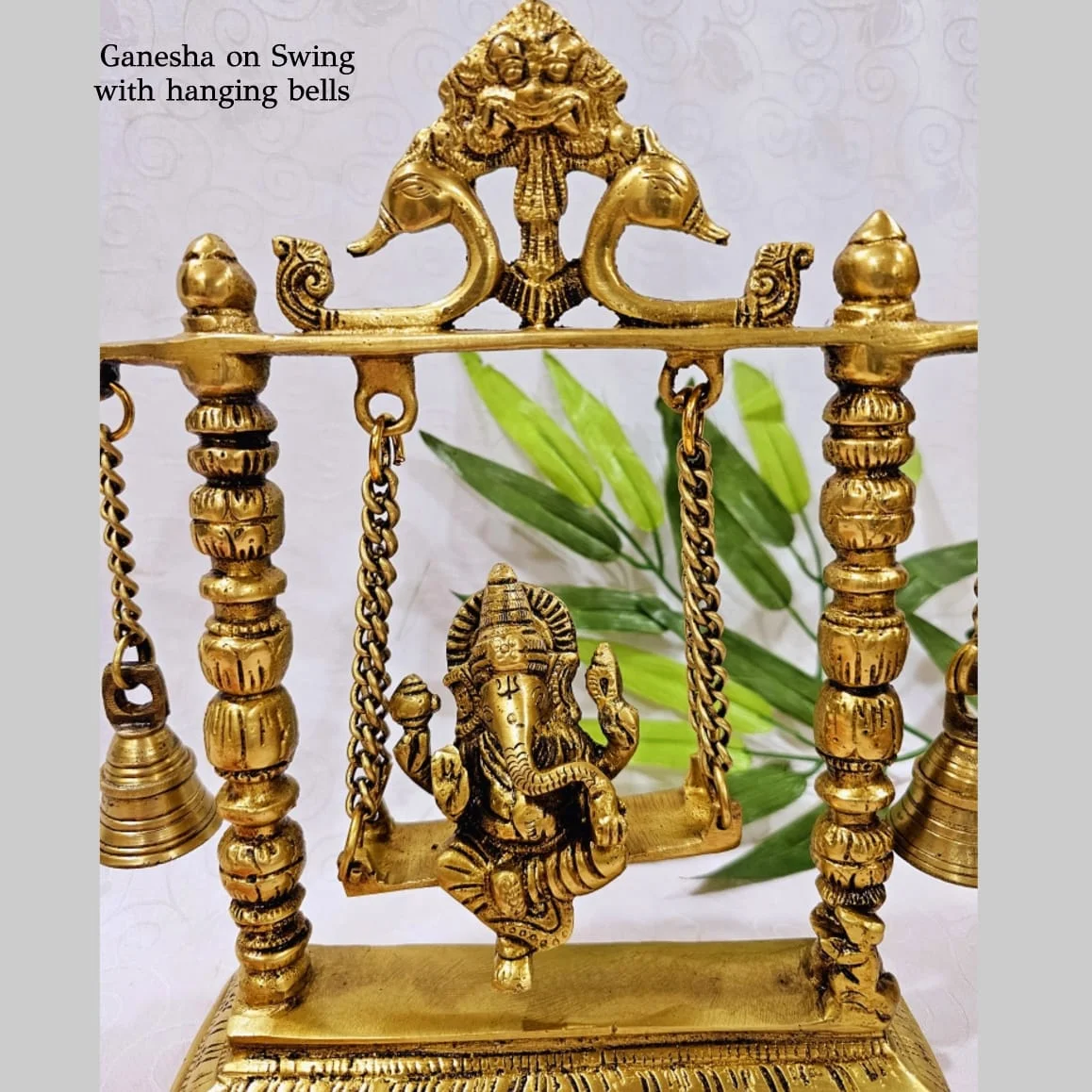 Ganesha on Swing with pair of hanging bells Brass Antique Finish - image 5