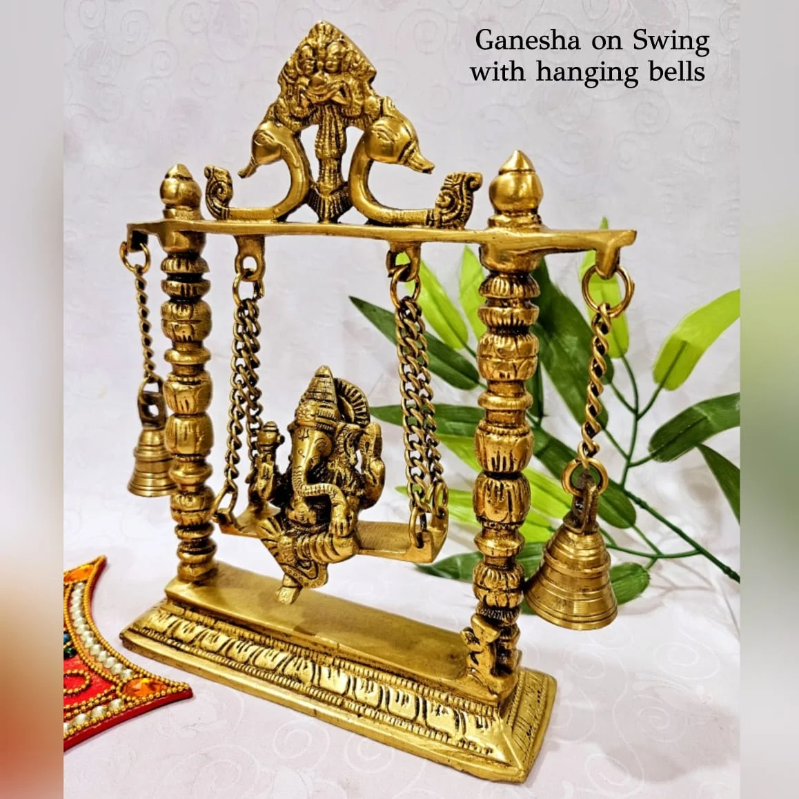 Ganesha on Swing with pair of hanging bells Brass Antique Finish - image 4