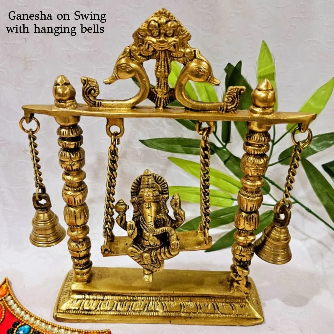 Ganesha on Swing with pair of hanging bells Brass Antique Finish - image 3
