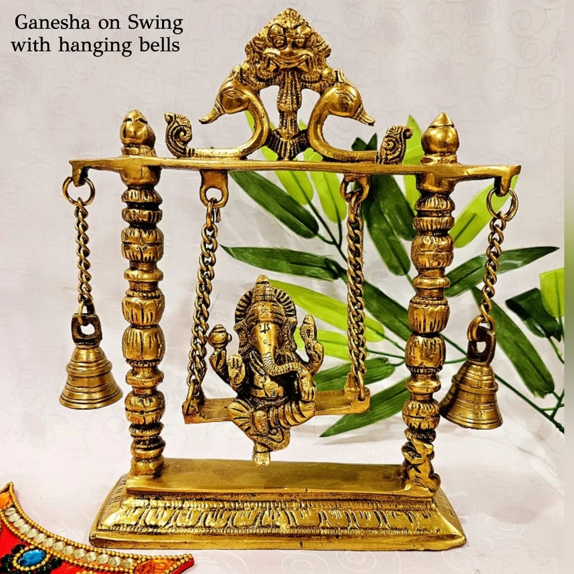 Ganesha on Swing with pair of hanging bells Brass Antique Finish - image 2