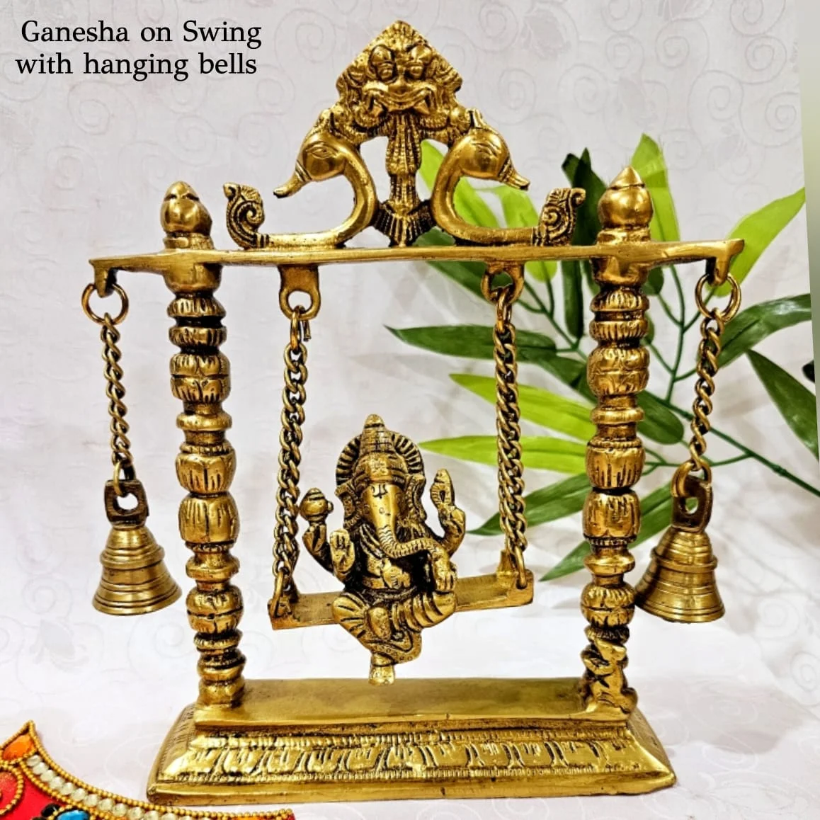 Ganesha on Swing with pair of hanging bells Brass Antique Finish - image 1