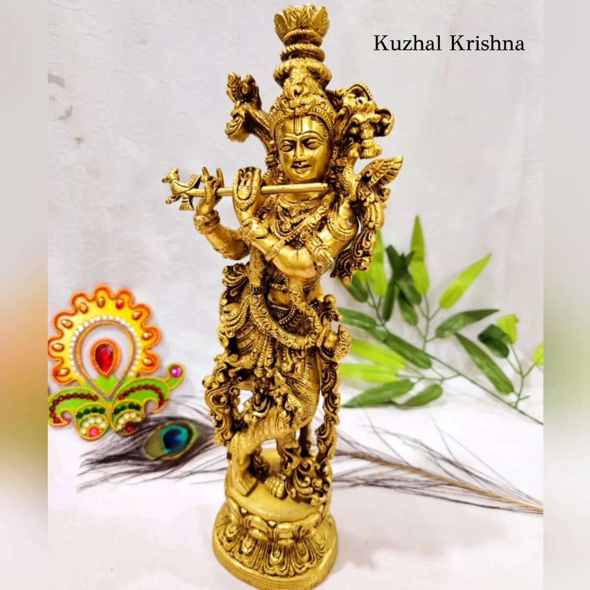 Peacock Kuzhal Krishna statue Brass Antique Finish Krishna Brass Sculpture - image 3