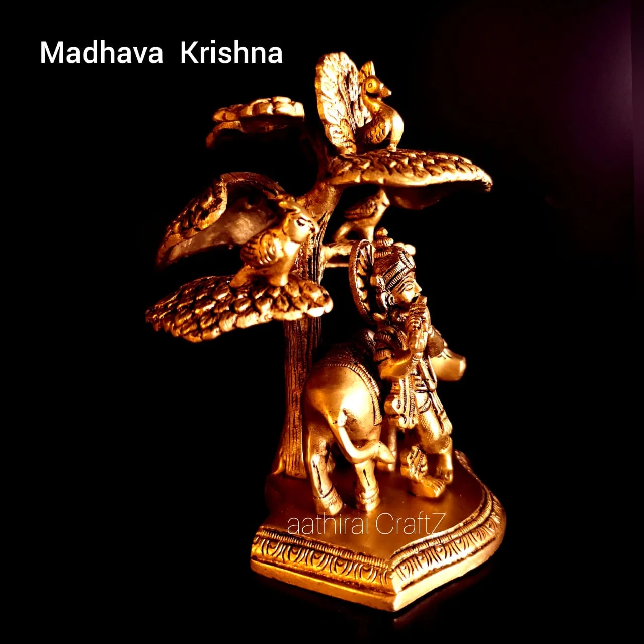 Tree Krishna / Madhava Krishna Statue Brass Antique Finish - image 3