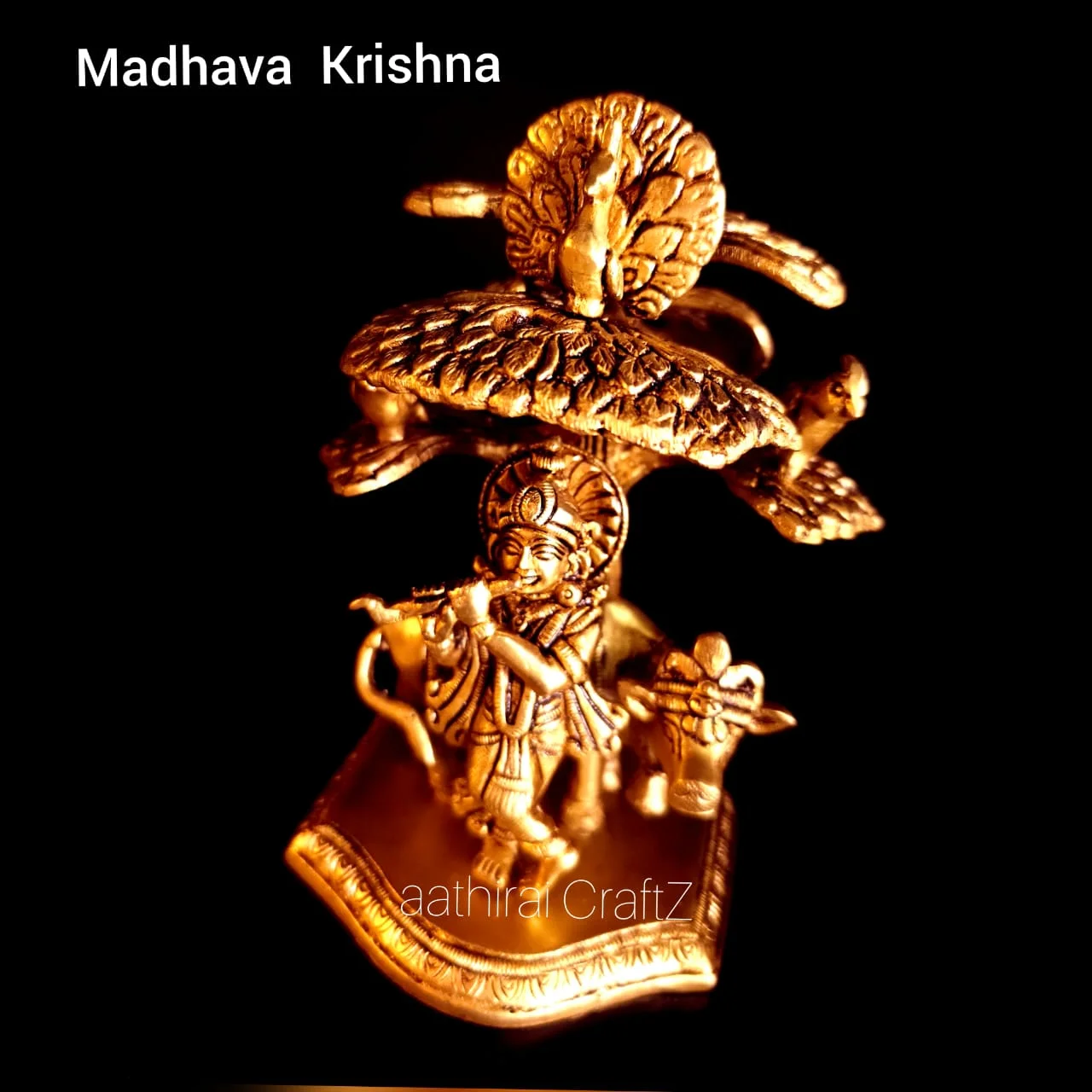 Tree Krishna / Madhava Krishna Statue Brass Antique Finish - image 1