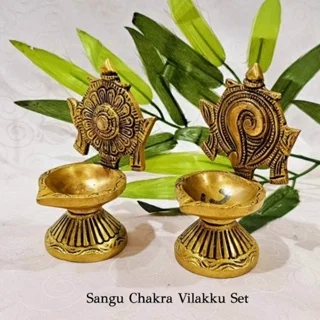 Sangu Chakra Brass Vilakku / Diya Brass Oil Lamp /Diya with Base - image 1