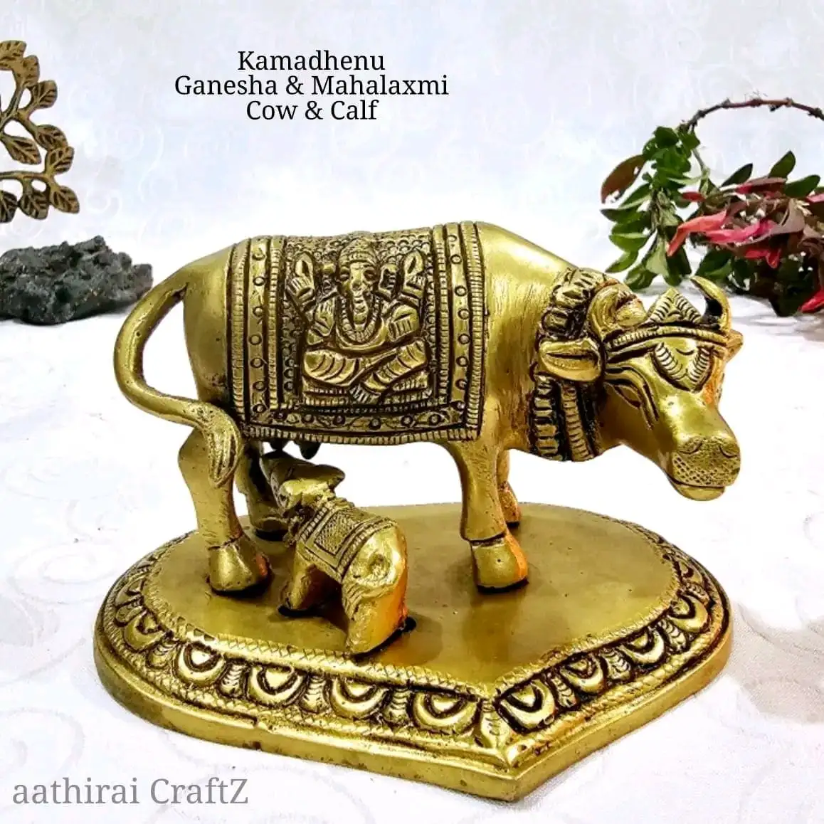 Ganesha Mahalaxmi / Cow and Calf Brass Sculpture - image 1