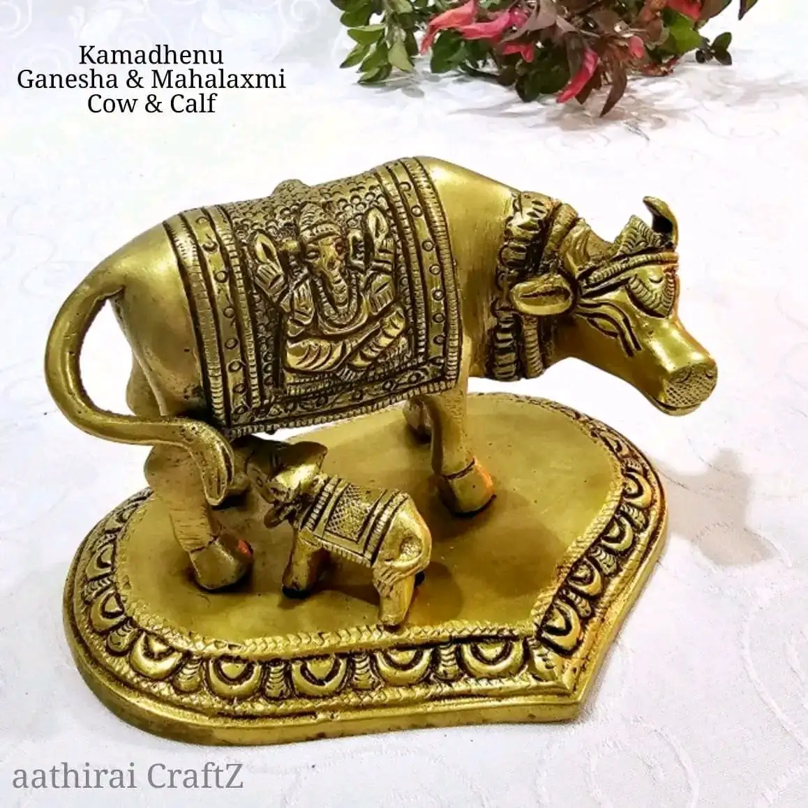 Ganesha Mahalaxmi / Cow and Calf Brass Sculpture - image 2