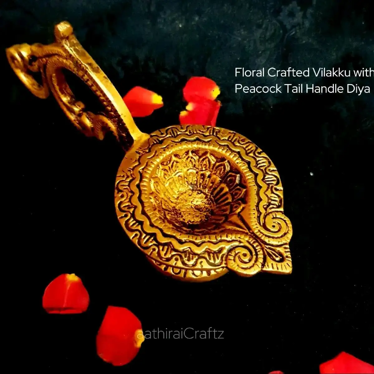 Floral Crafted Vilakku with Peacock Tail Handle Brass Antique Finish - image 2