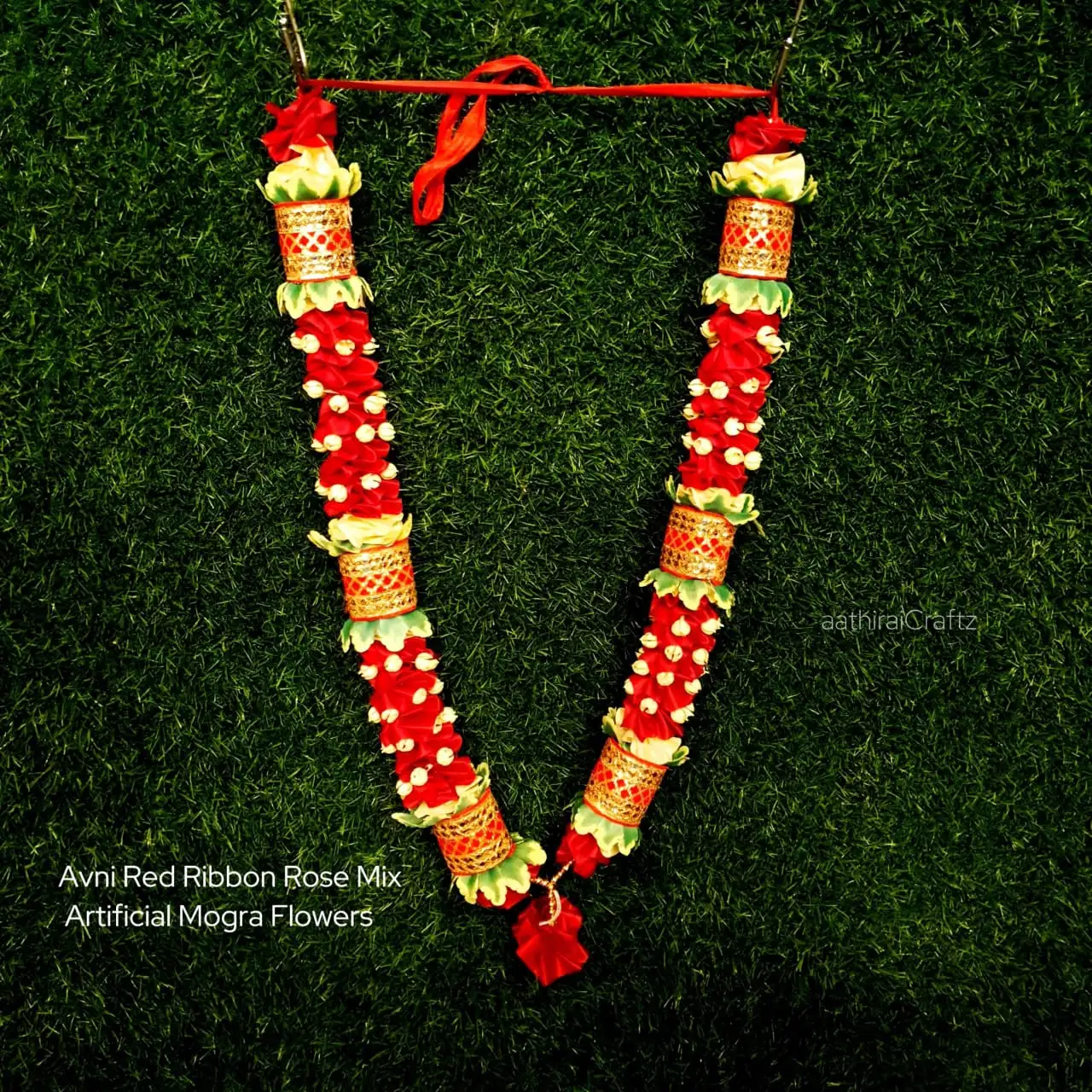 Avni Red Ribbon Rose Mix Artifical Mogra Flowers Garland / Maalai - image 1