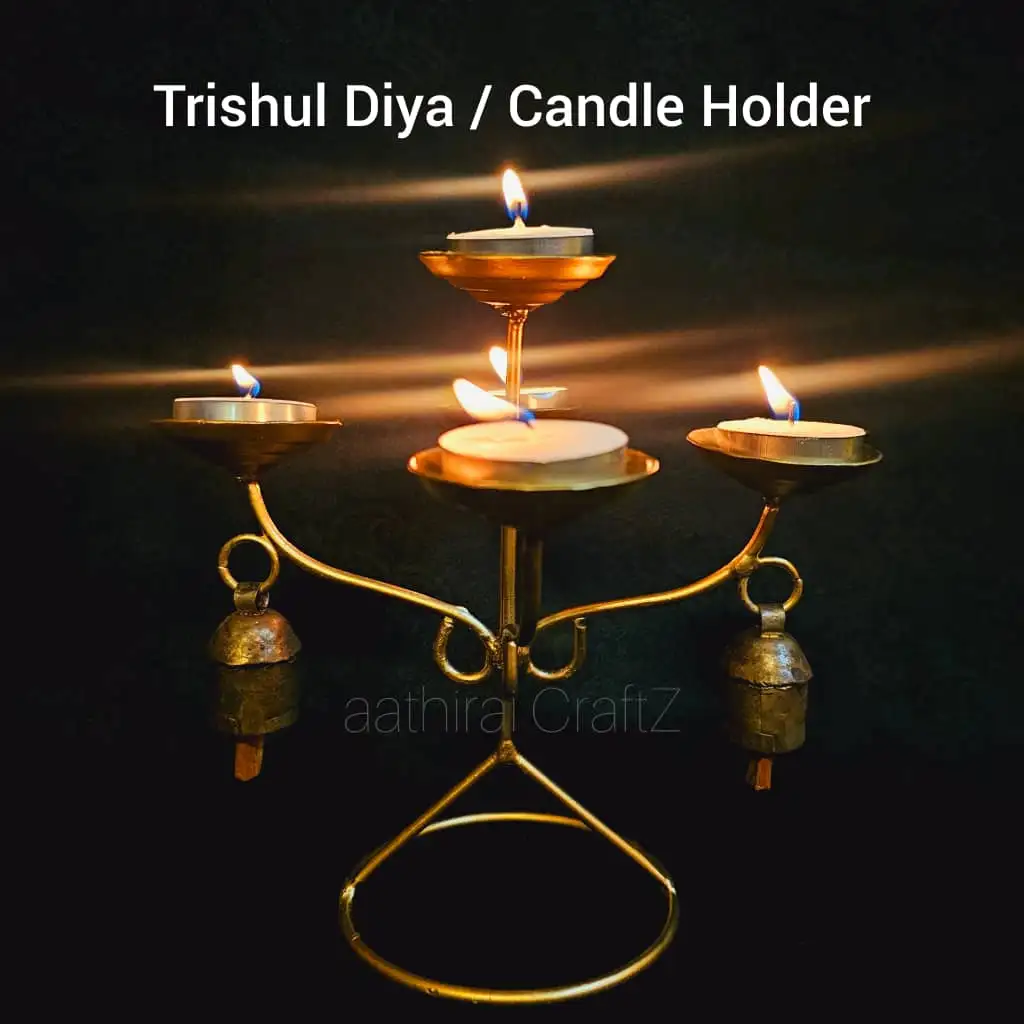 Trishul Candle Holder with 2 Bells Modern Candle Stand for Home Deco - image 1