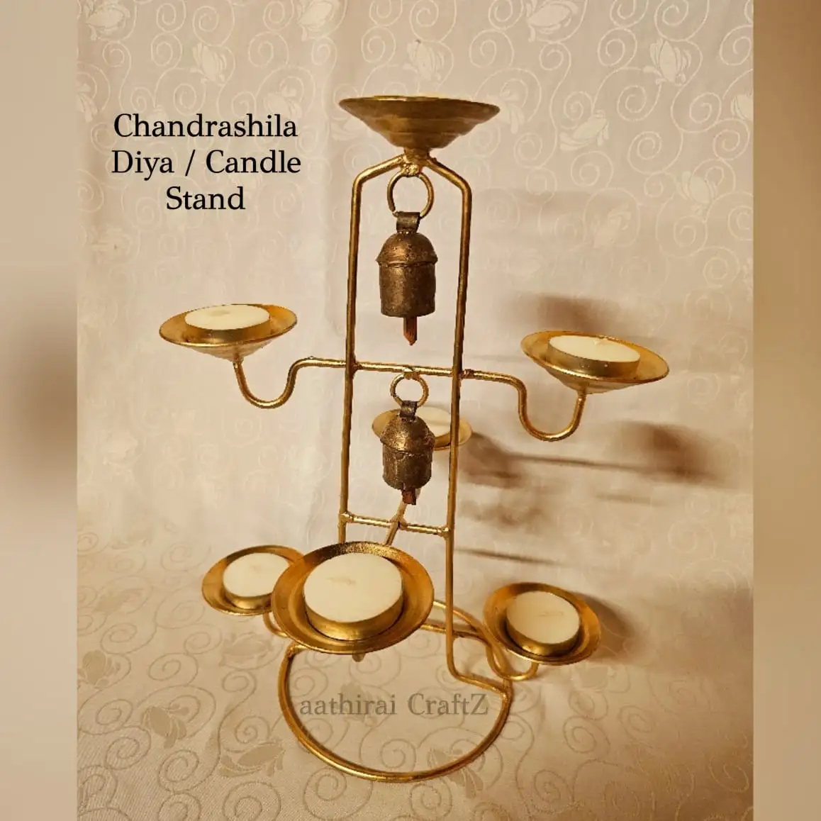 Chandrashila Candle Holder with 2 Bells Modern Candle Stand for Home Deco - image 2