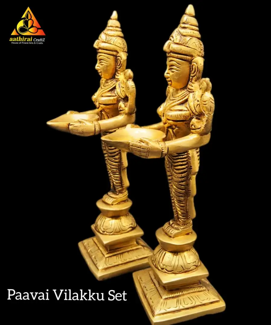 Paavai Vilakku / Lady with Diya Idol set (Crown) Brass Antique Finish - image 2