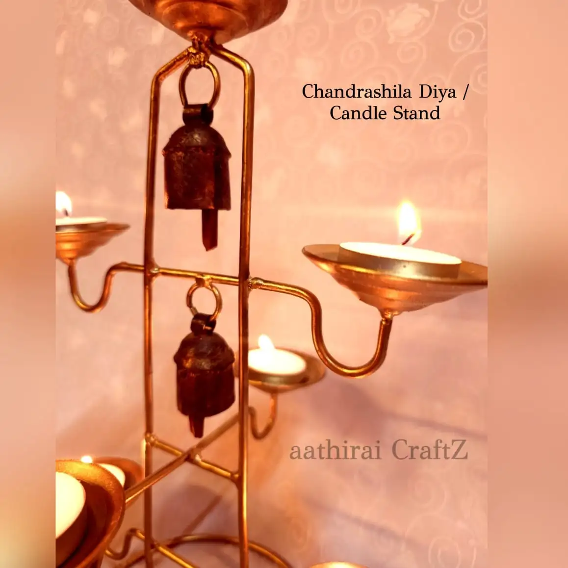 Chandrashila Candle Holder with 2 Bells Modern Candle Stand for Home Deco - image 1