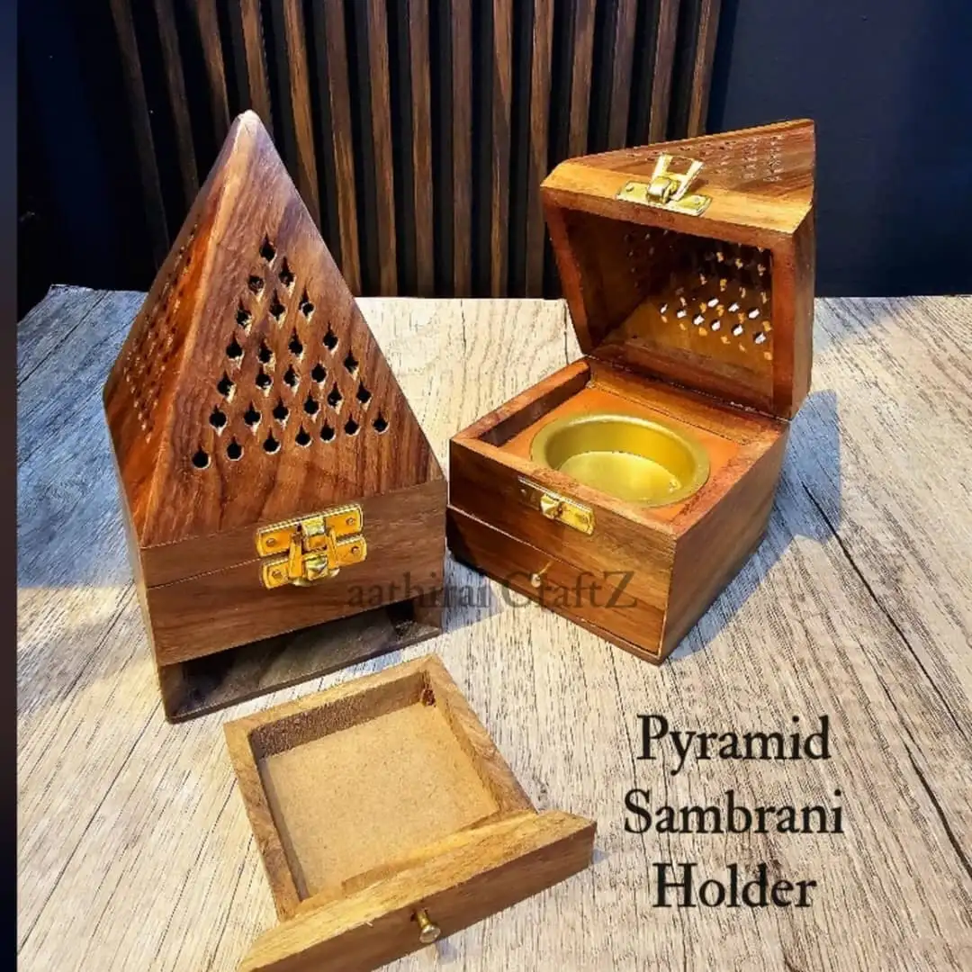 Pyramid wooden Sambrani Holder Incense Burner / Bakhoor - With drawer - image 1