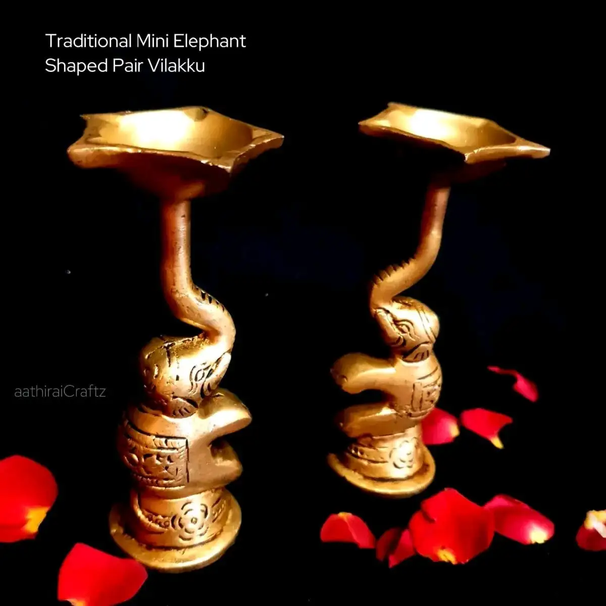 Traditional Mini Elephant Shaped Pair Vilakku / Lamp Brass Antique Finish - image 2