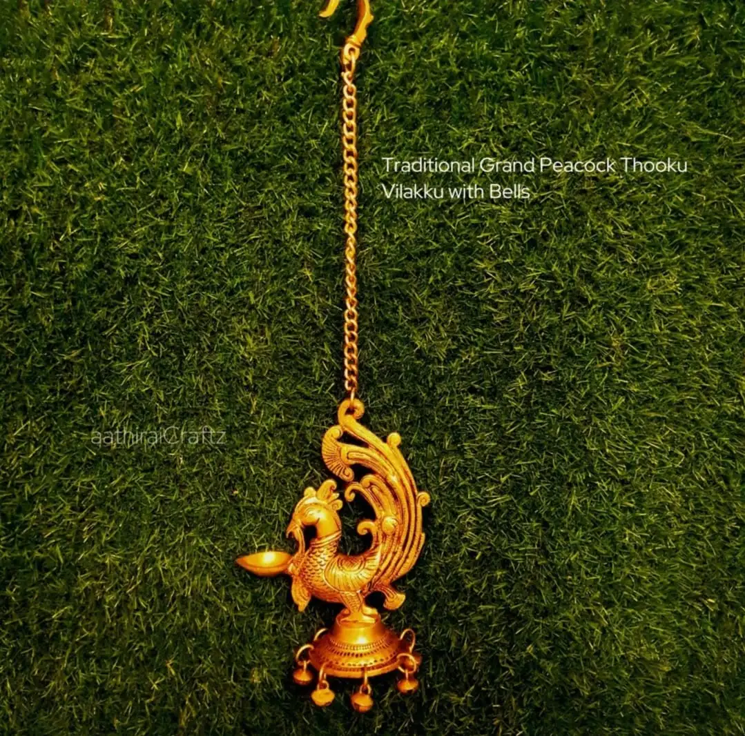 Traditional Grand Hanging Peacock Thooku Vilakku with Bell - image 1