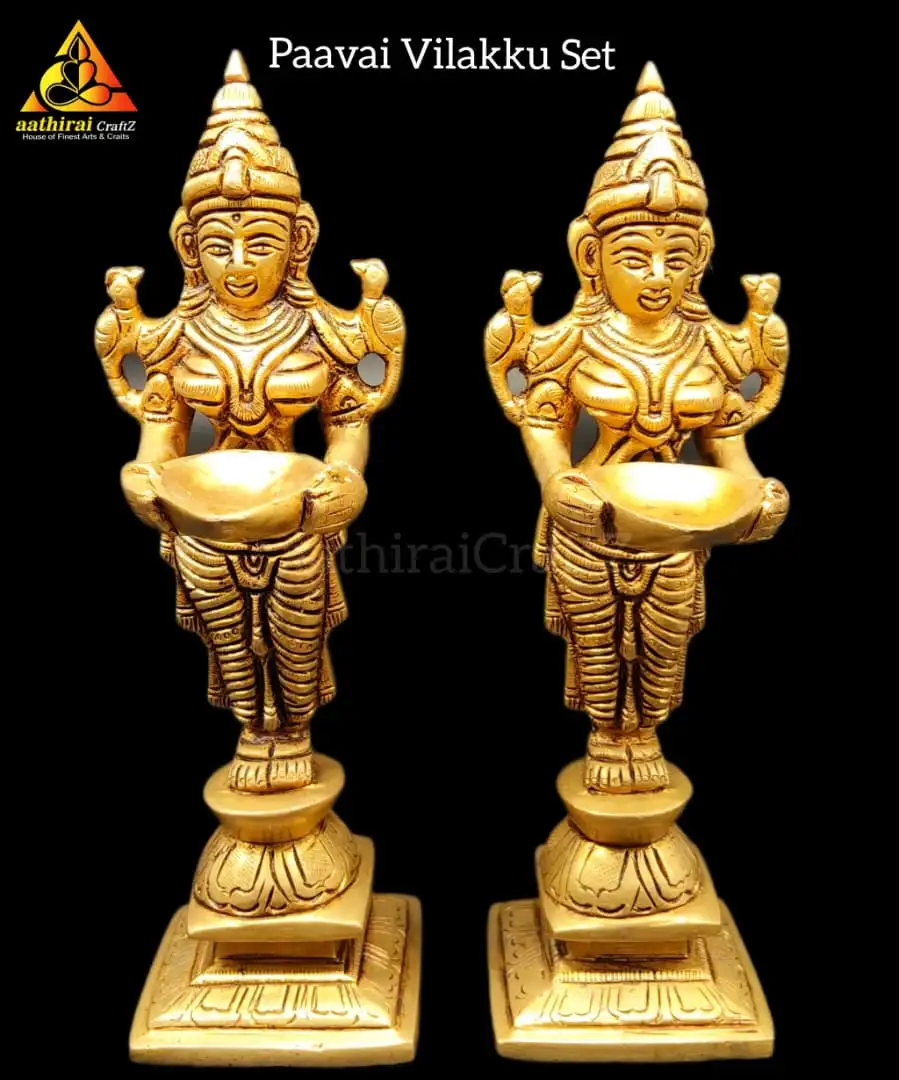 Paavai Vilakku / Lady with Diya Idol set (Crown) Brass Antique Finish - image 1