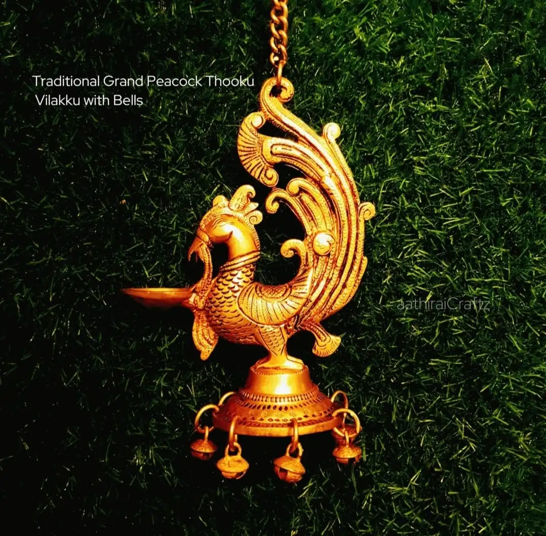 Traditional Grand Hanging Peacock Thooku Vilakku with Bell - image 2