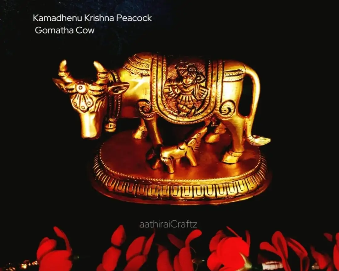 Krishna Peacock Gomatha / Cow and Calf Brass Sculpture - image 2