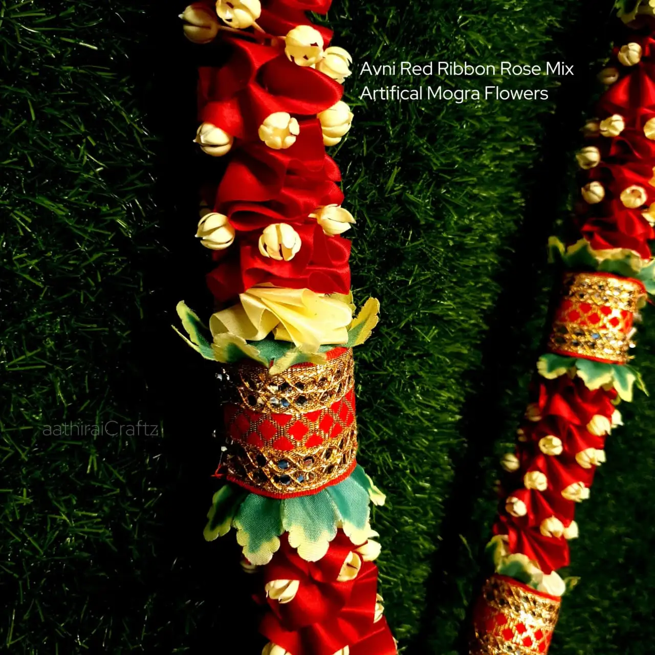 Avni Red Ribbon Rose Mix Artifical Mogra Flowers Garland / Maalai - image 2