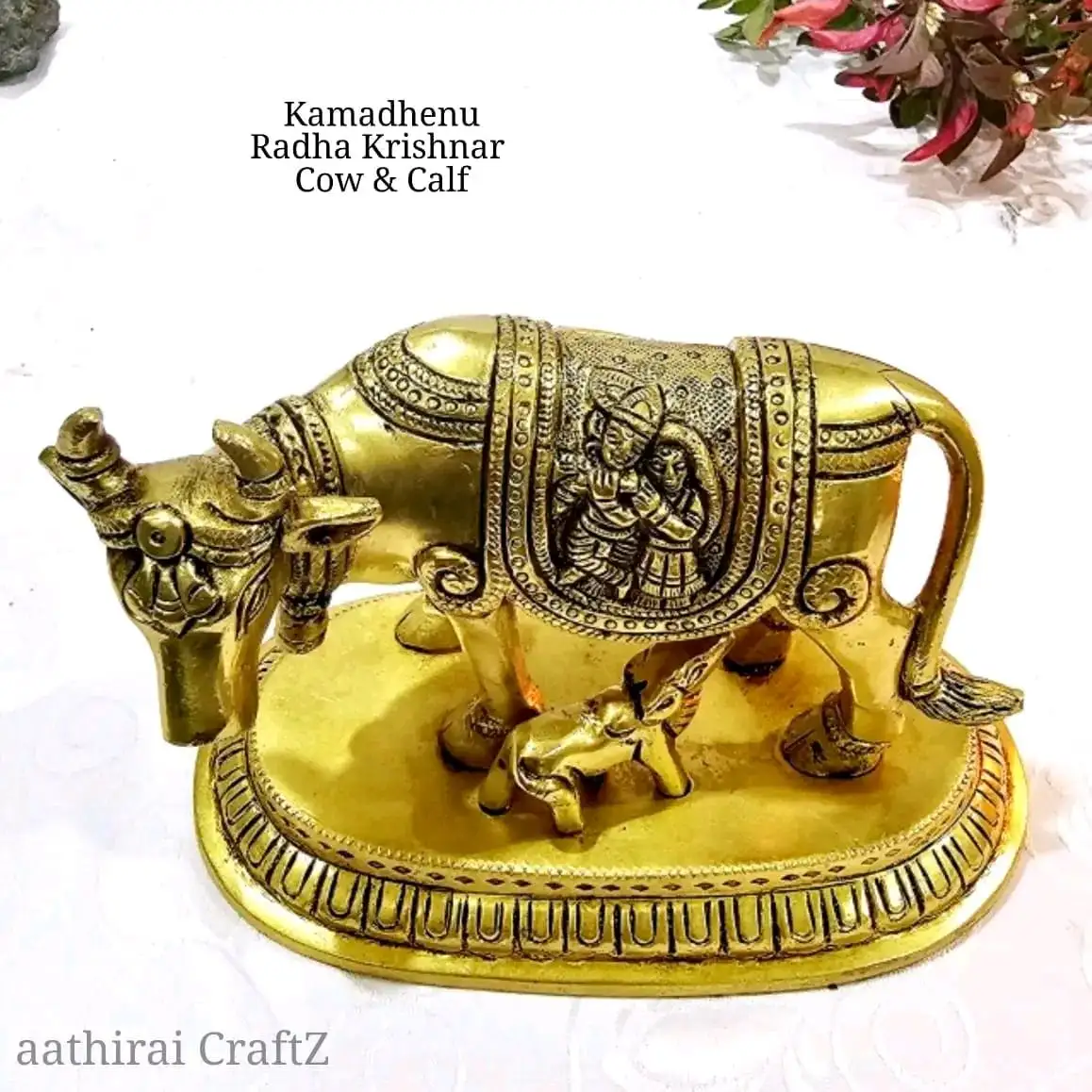 Radha Krishna Gomatha / Cow and Calf Brass Sculpture - Small - image 2