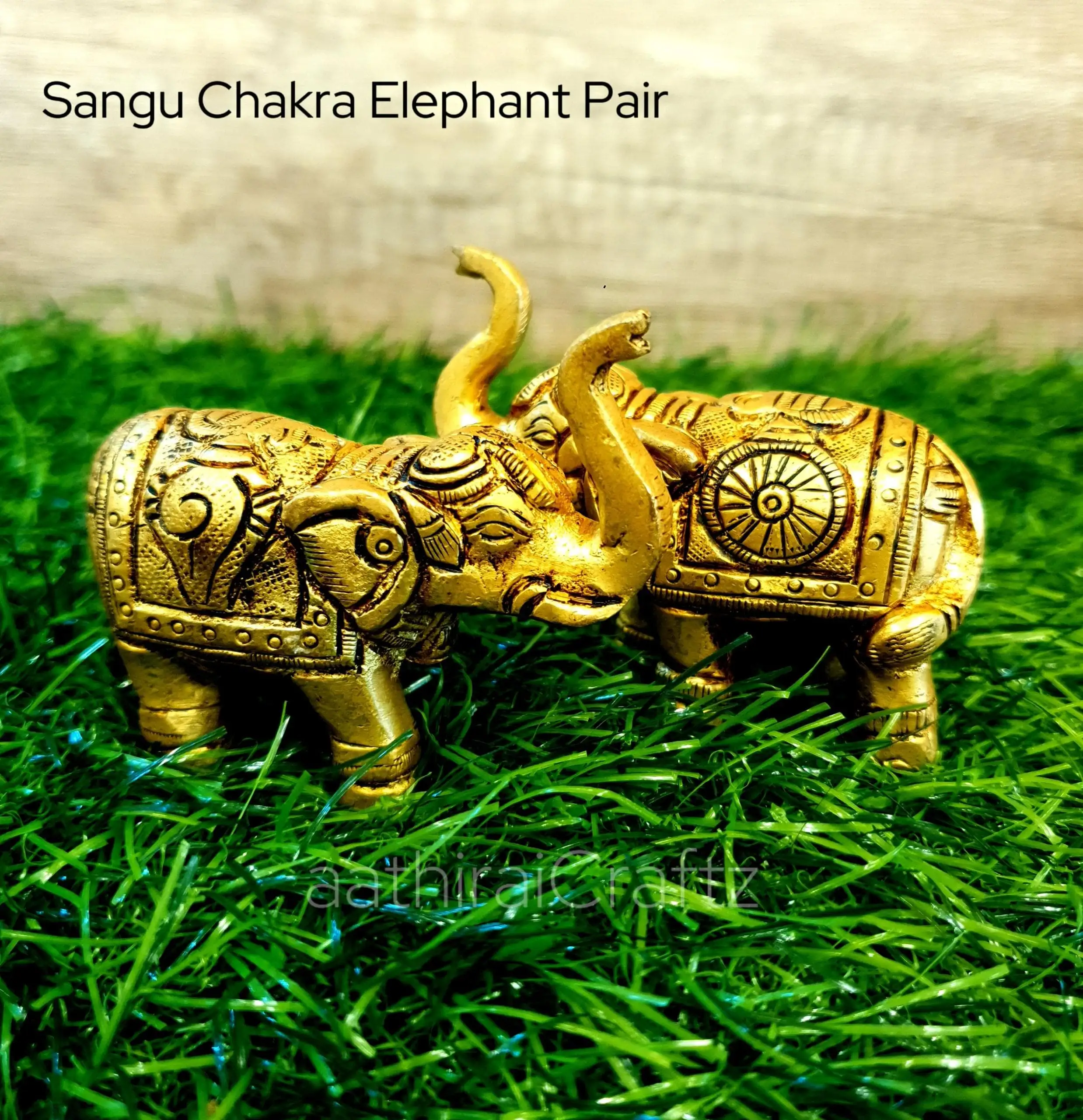 Sangu Chakra Elephant Pair Brass Antique Finish Elephant pair Sculpture - image 1
