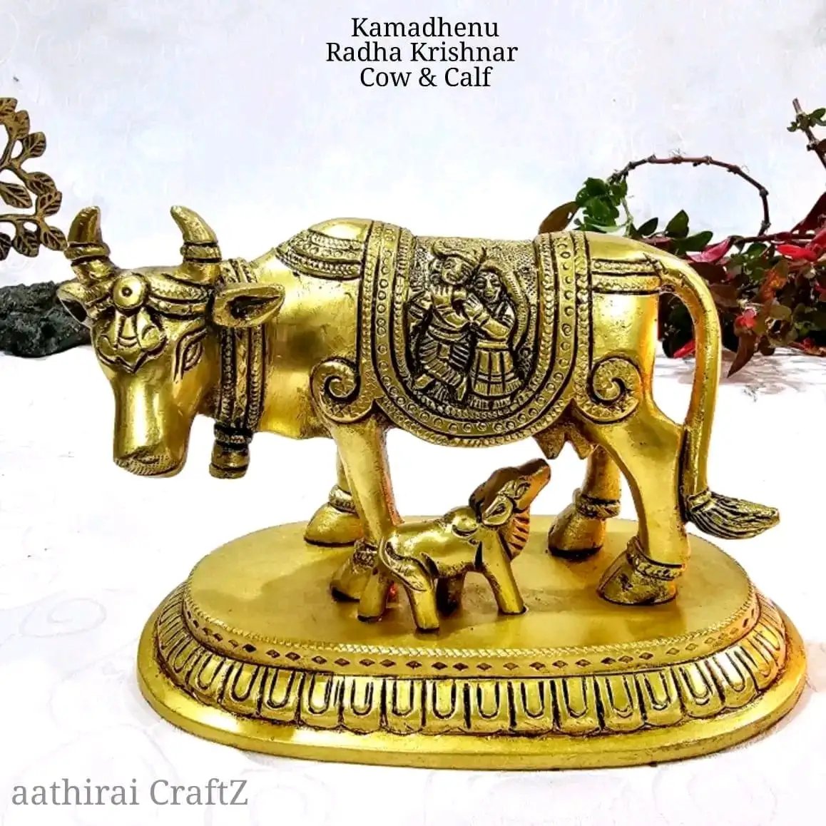 Radha Krishna Gomatha / Cow and Calf Brass Sculpture - Small - image 1