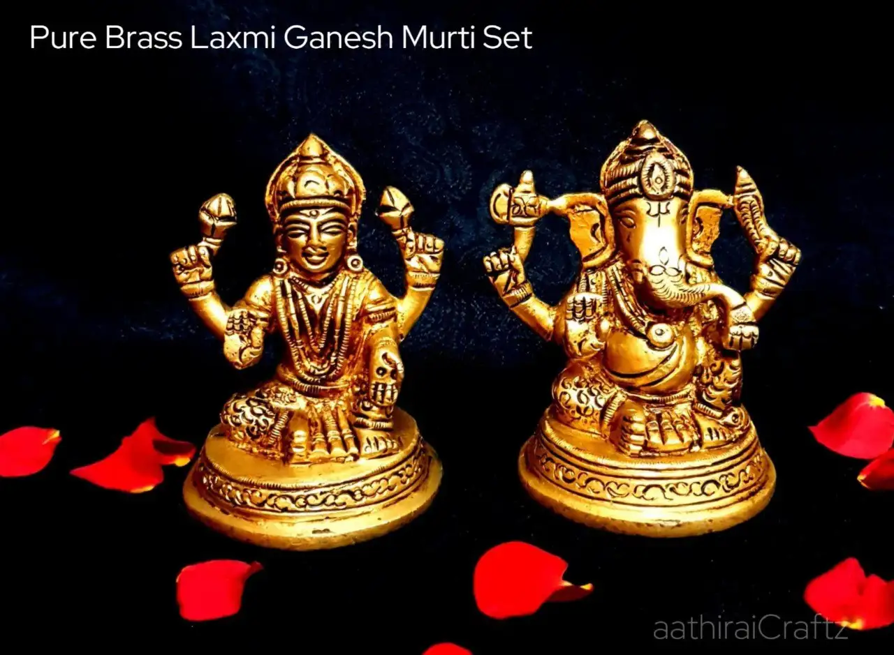 Pure Brass Laxmi Ganesh Murti Set Antique Finish Idol - image 1