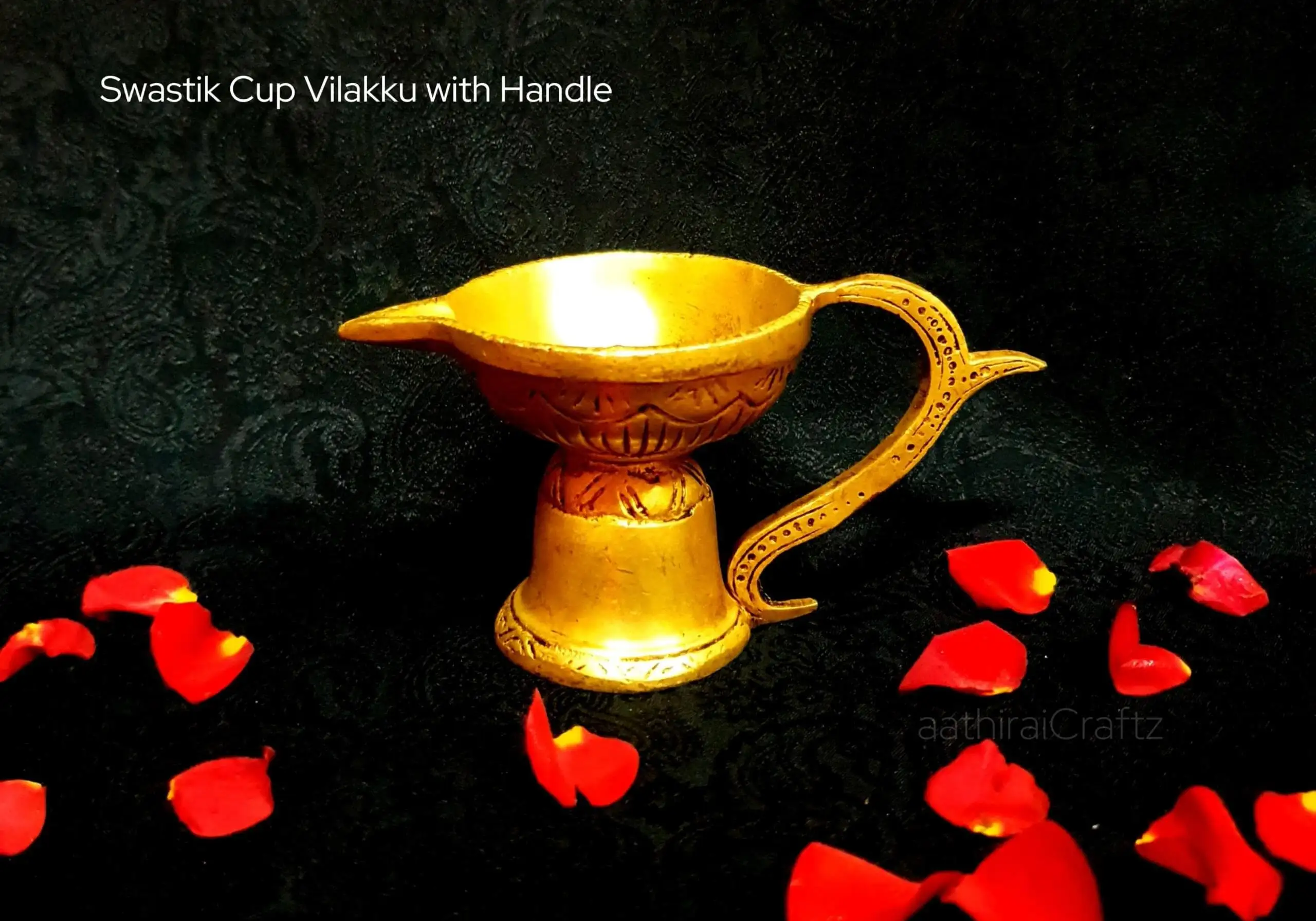 Swastik Agal Vilakku with Handle Brass Gold Antique Finish - image 2