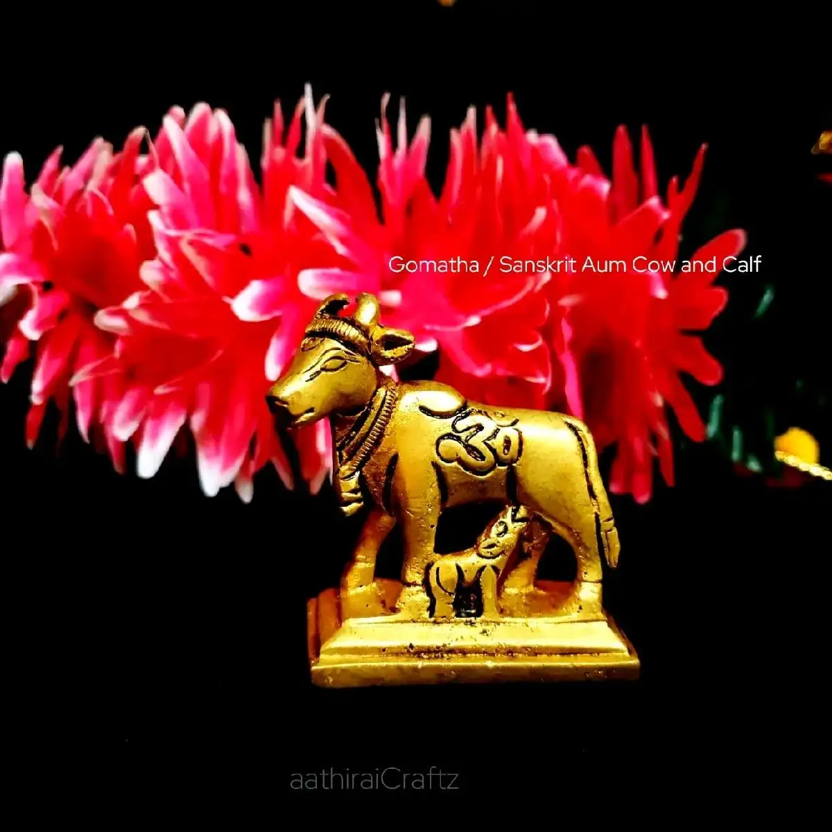 Gomatha / Sanskrit Aum Cow and Calf Brass Sculpture - image 2