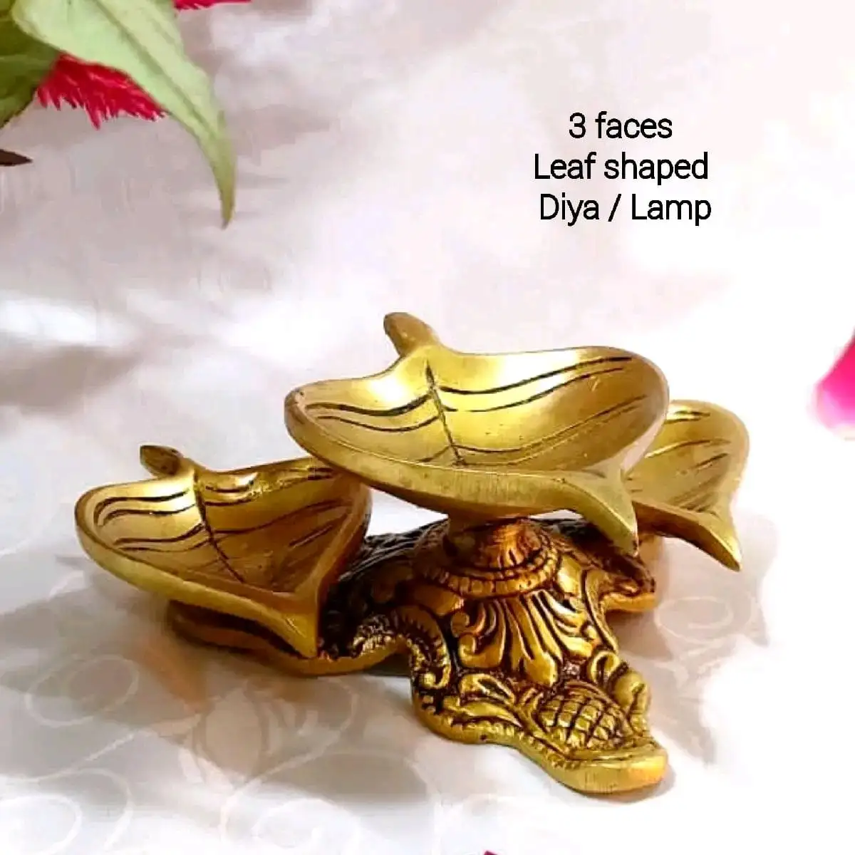 3 Faces Leaf Shaped Vilakku / Lamp Brass Antique Finish - image 1