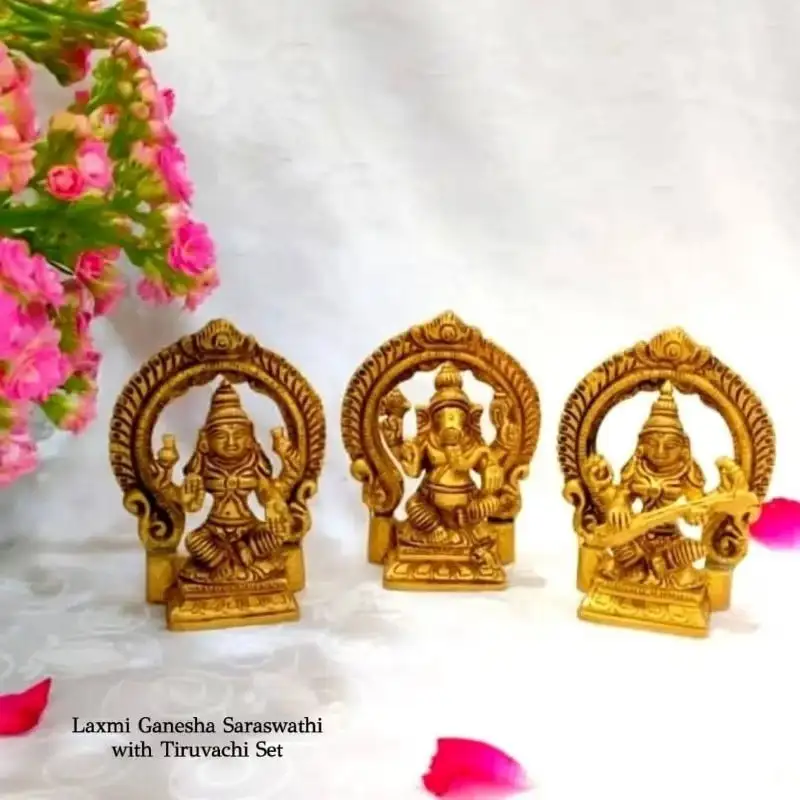 Laxmi Ganesha Saraswati with Thiruvaachi - Set 3 in 1 Brass Antique Finish - image 1