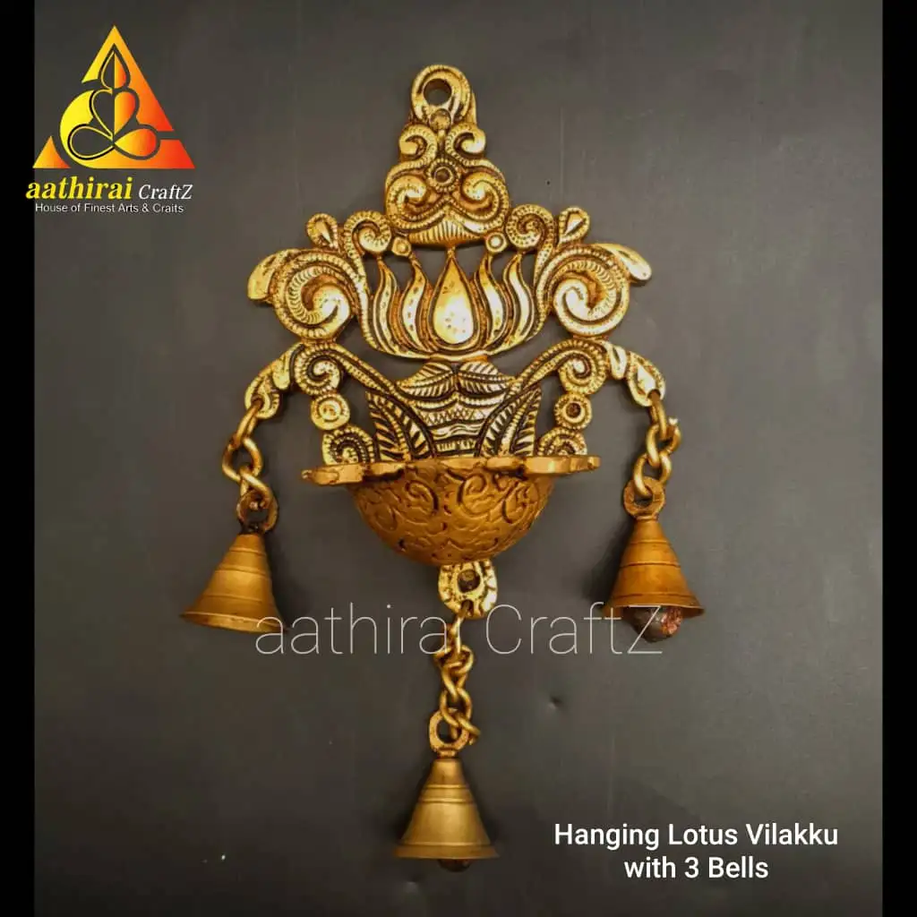 Hanging Lotus Vilakku With 3 Bells - image 1