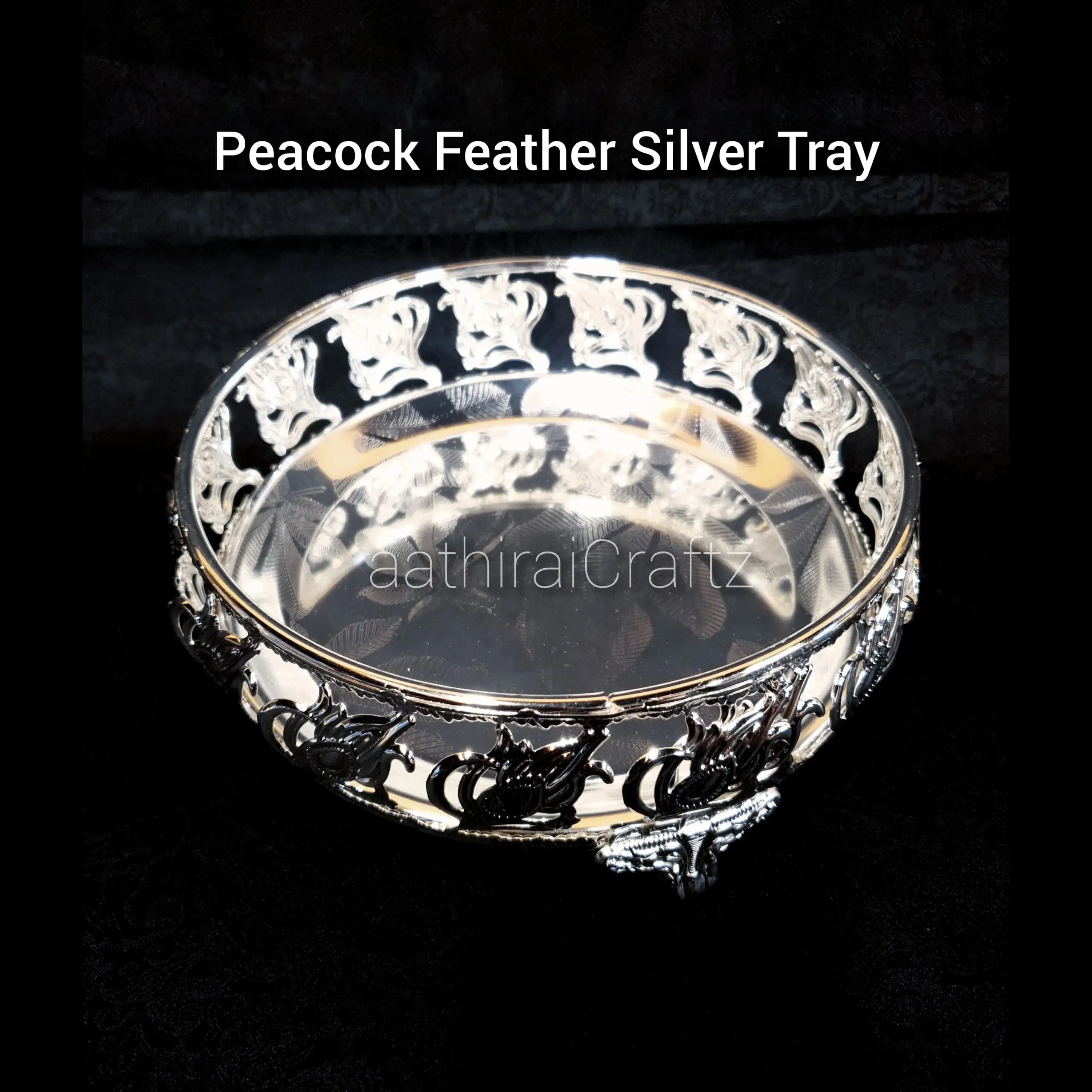 Peacock Feather Tray Silver Pooja Tray - image 2
