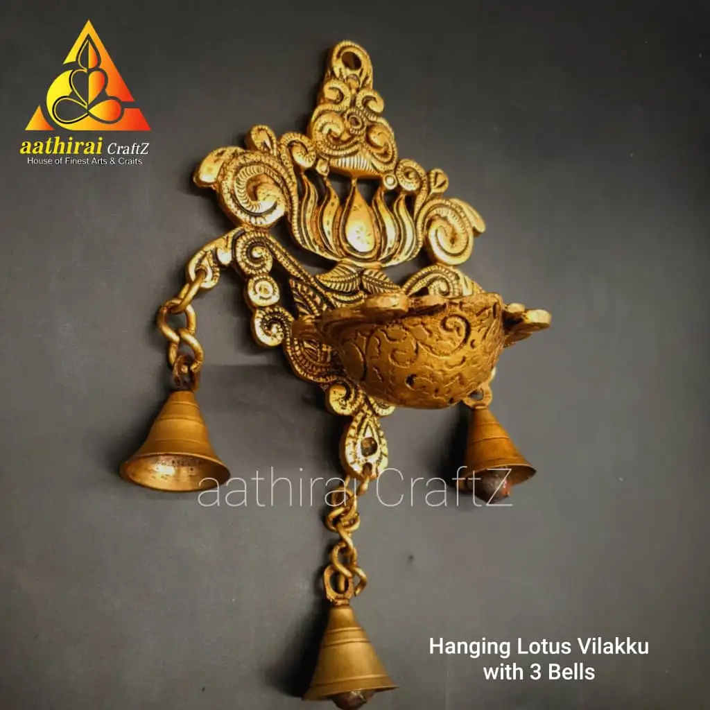 Hanging Lotus Vilakku With 3 Bells - image 2