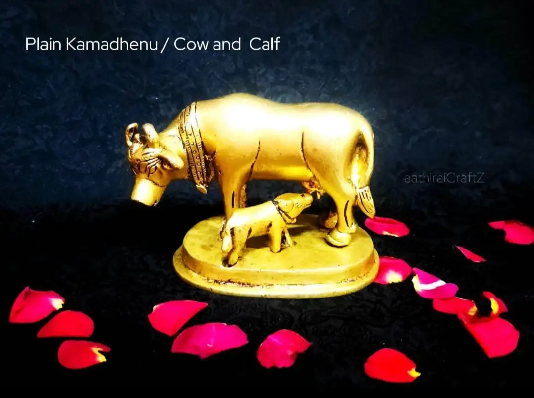 Plain Kamadhenu / Cow and Calf Brass Sculpture - image 2