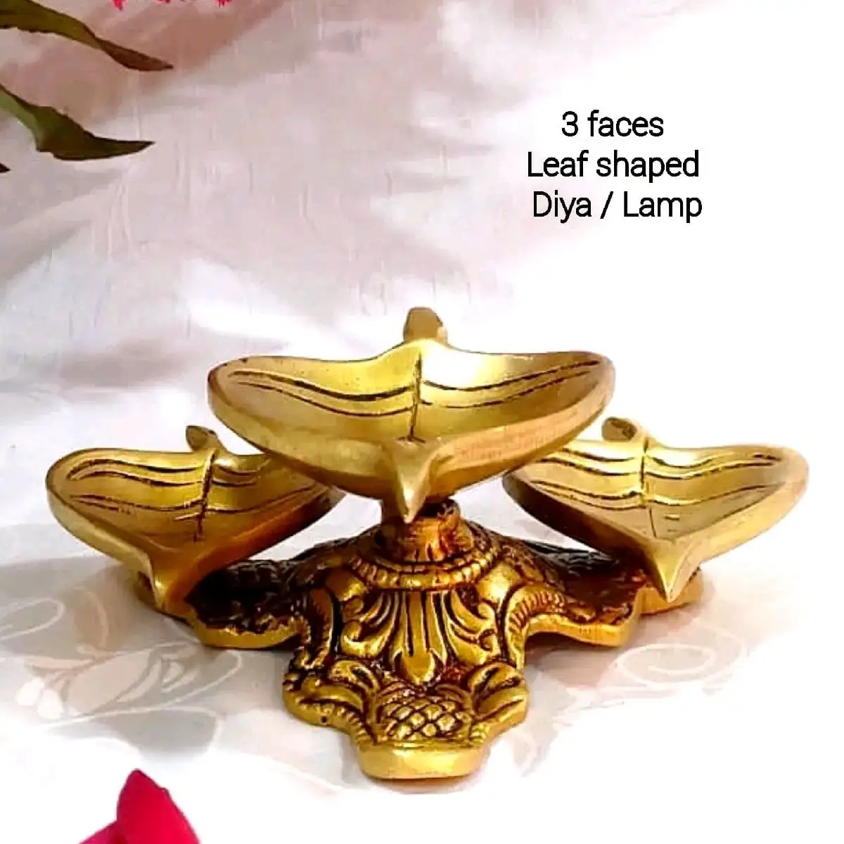 3 Faces Leaf Shaped Vilakku / Lamp Brass Antique Finish - image 2