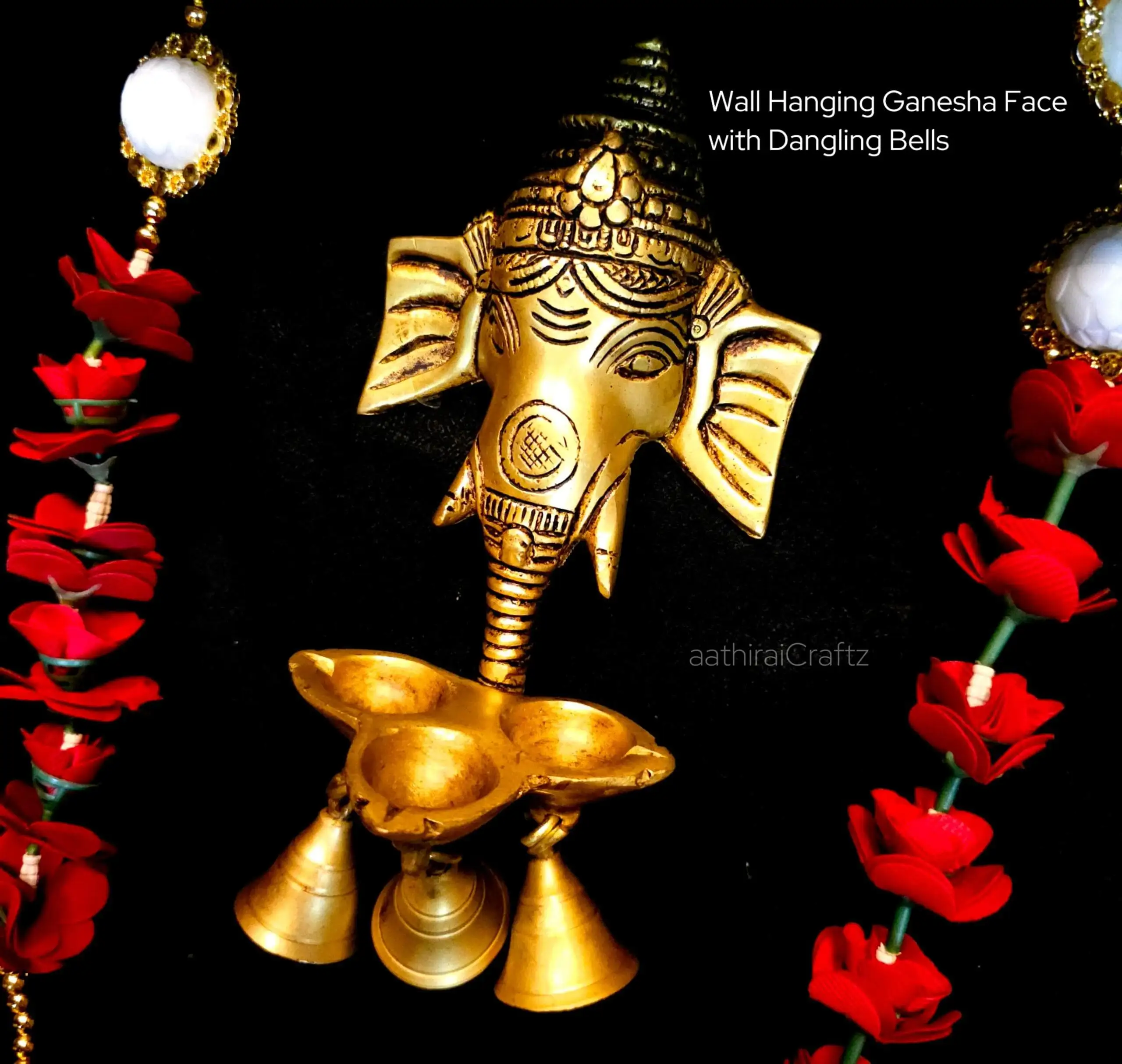 Wall Hanging Ganesha Face with Dangling Bells Brass - image 2
