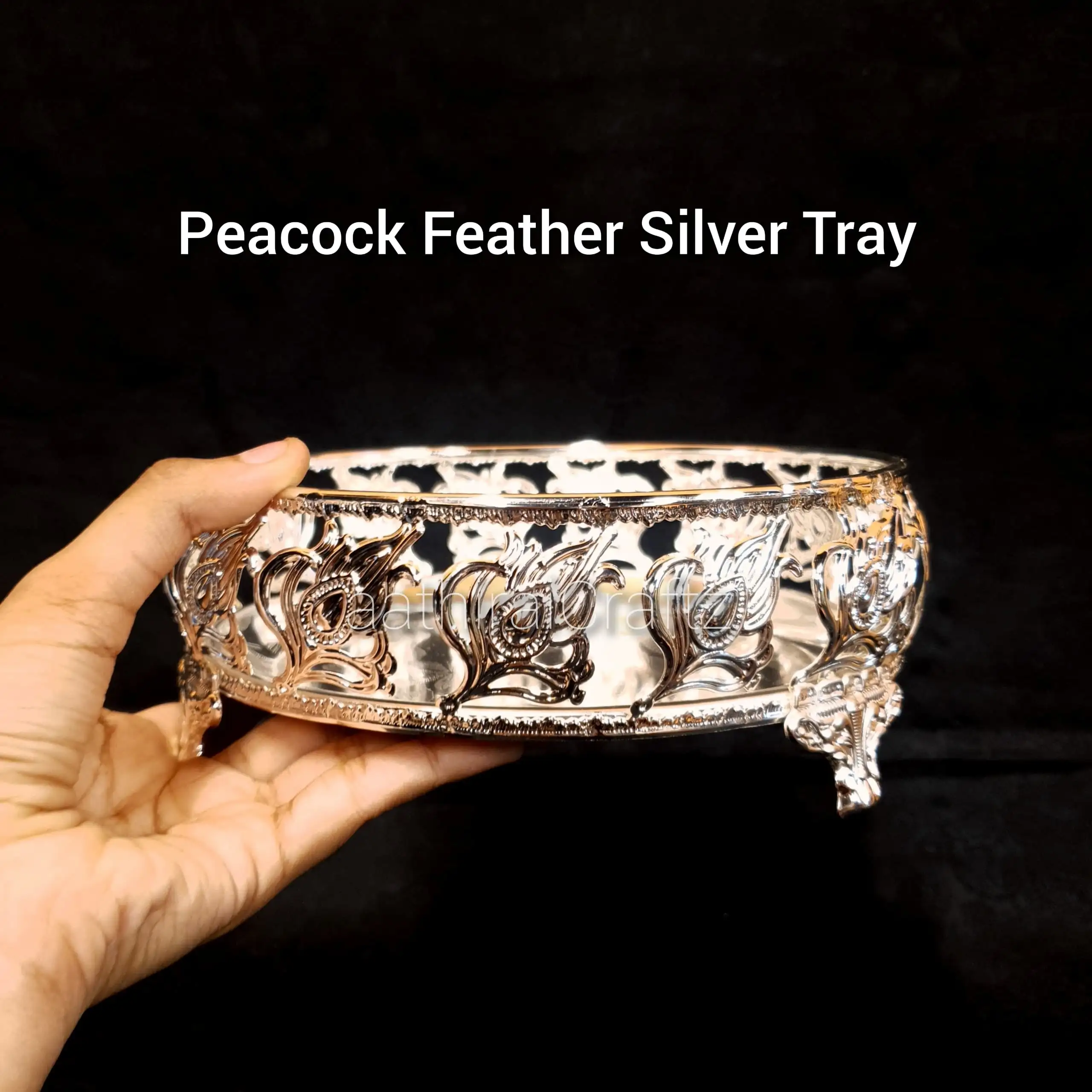 Peacock Feather Tray Silver Pooja Tray - image 1