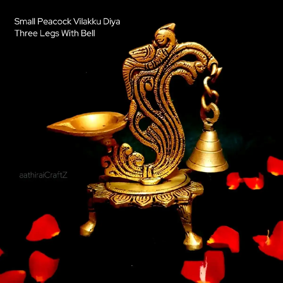Small Peacock Tail Vilakku Diya Three Legs with Bell Brass Antique Finsih - image 1