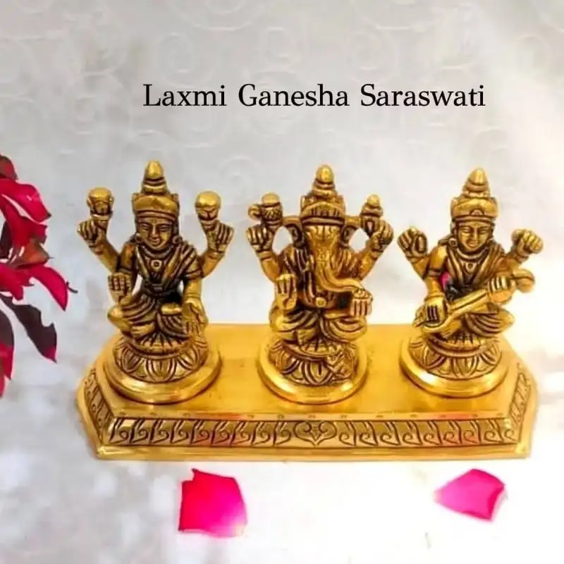 Laxmi Ganesha Saraswati in Peedam - Set 3 in 1 Brass Antique Finish - image 2