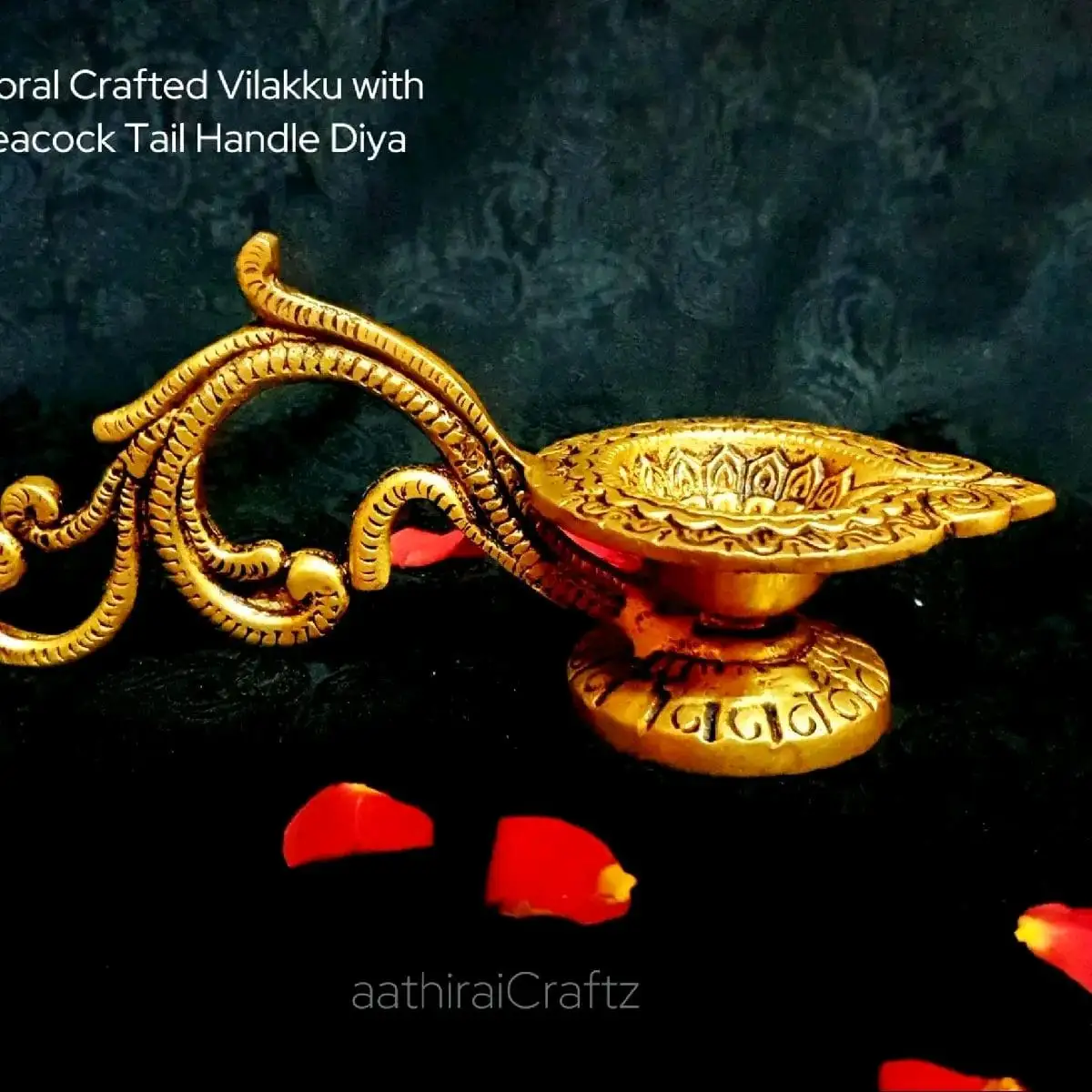Floral Crafted Vilakku with Peacock Tail Handle Brass Antique Finish - image 1