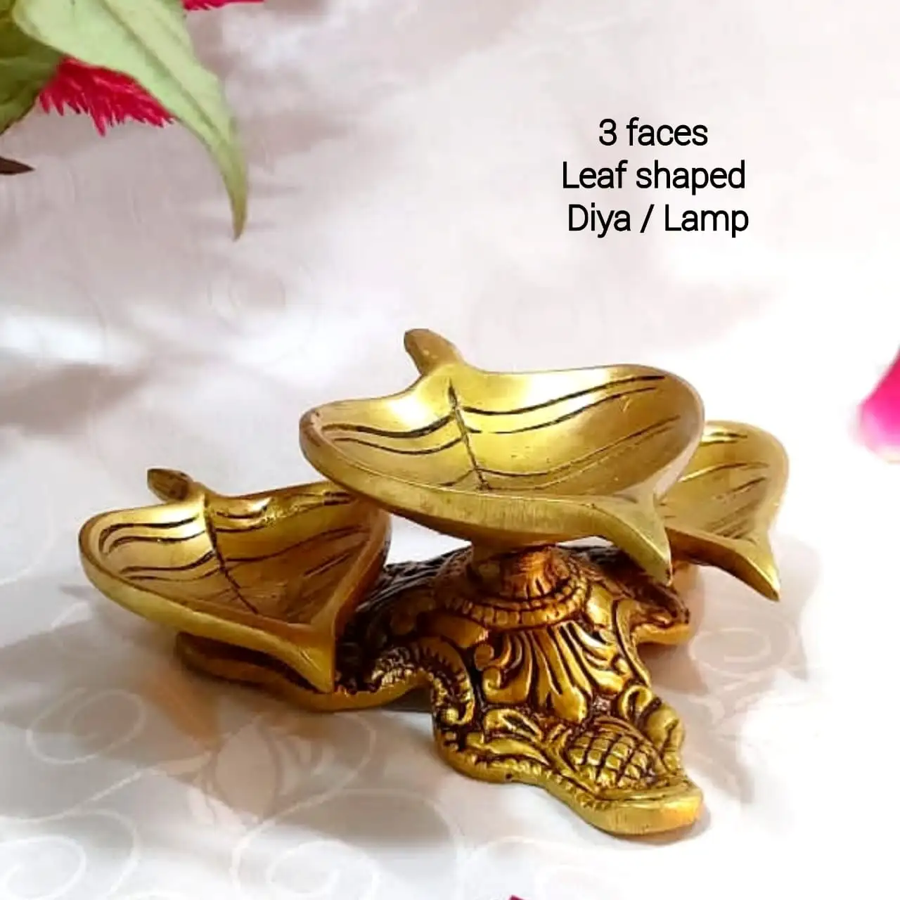 3 Faces Leaf shaped Diya / Lamp Brass Antique Finish - image 2