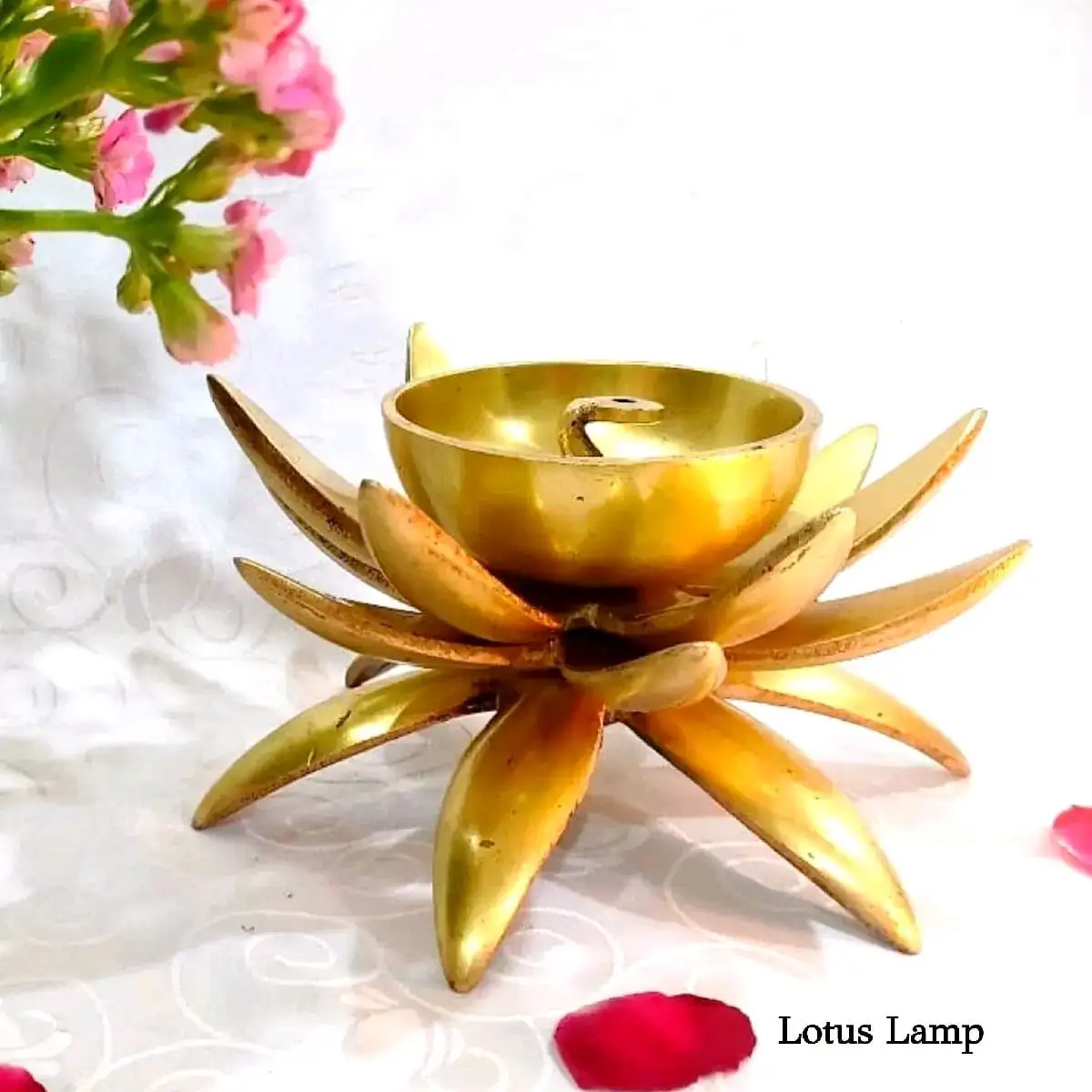 Big Lotus Vilakku / Lamp Brass Antique Finish - image 2