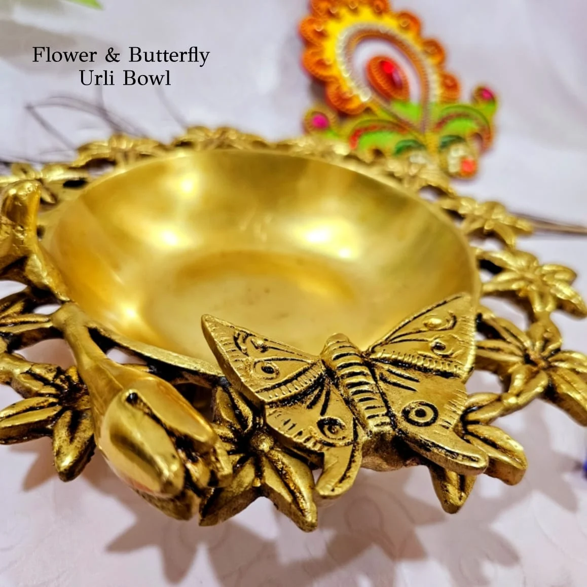 Butterfly with Flowers Brass Urli Brass Antique Finish Brass Sculpture - image 2